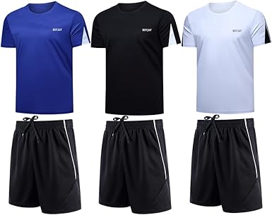 BUYJYA Men's 3-Piece Athletic Shorts & Shirt Set – Moisture-Wicking Workout Gear for Gym, Running, Sports & Training – S to 3XL
