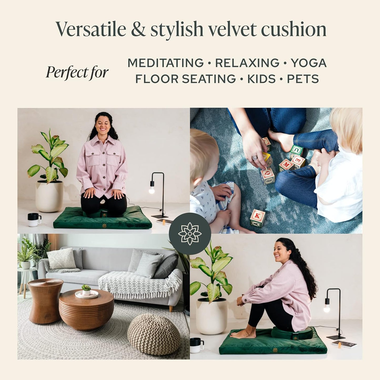 Velvet Zabuton Meditation Mat - Luxurious Meditation Cushion Pillow with 100% Cotton Filling - Enjoy Better Posture and Greater Comfort for Zafu or Bench (Emerald Green)
