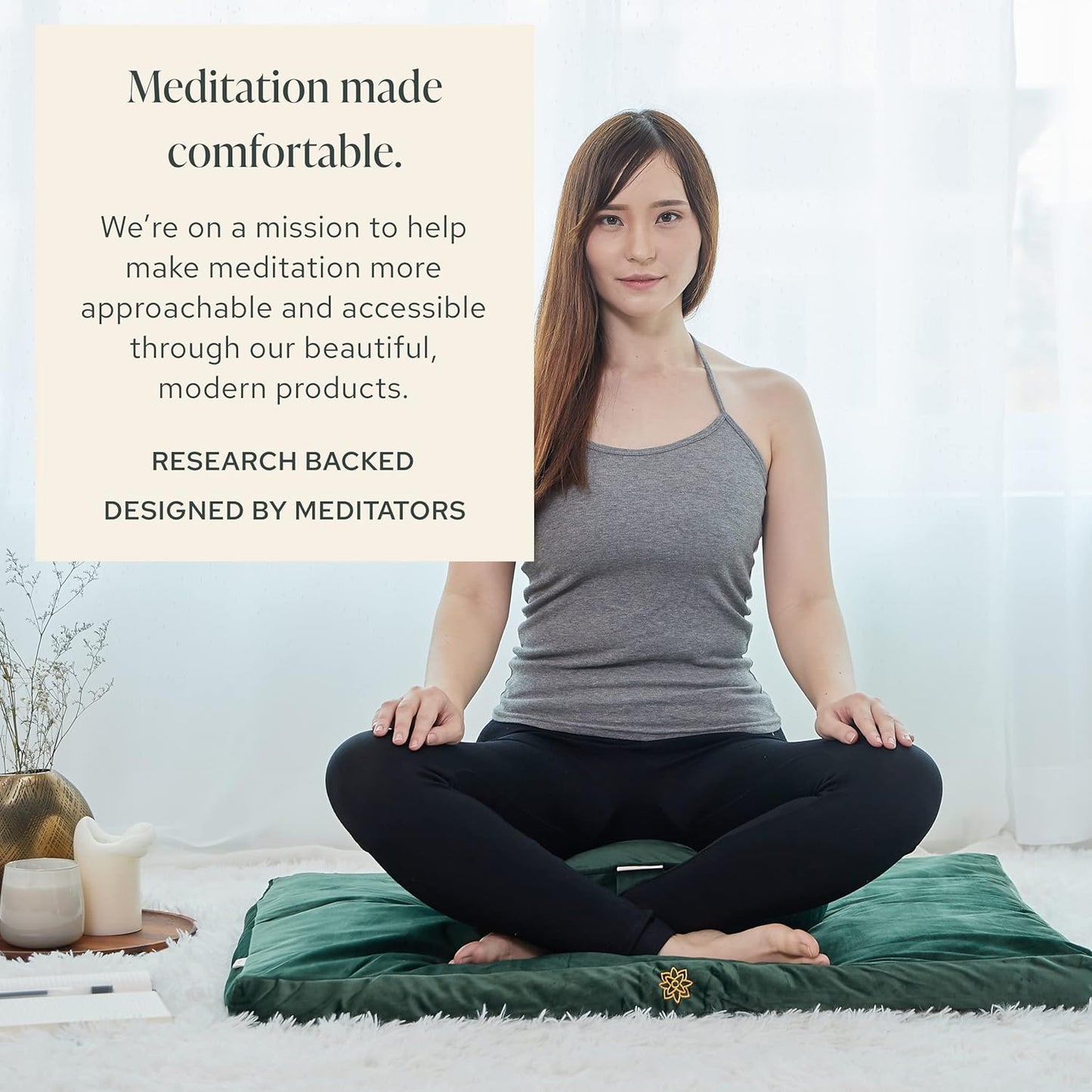 Velvet Zabuton Meditation Mat - Luxurious Meditation Cushion Pillow with 100% Cotton Filling - Enjoy Better Posture and Greater Comfort for Zafu or Bench (Emerald Green)