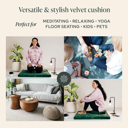 Velvet Zabuton Meditation Mat - Luxurious Meditation Cushion Pillow with 100% Cotton Filling - Enjoy Better Posture and Greater Comfort for Zafu or Bench (Emerald Green)