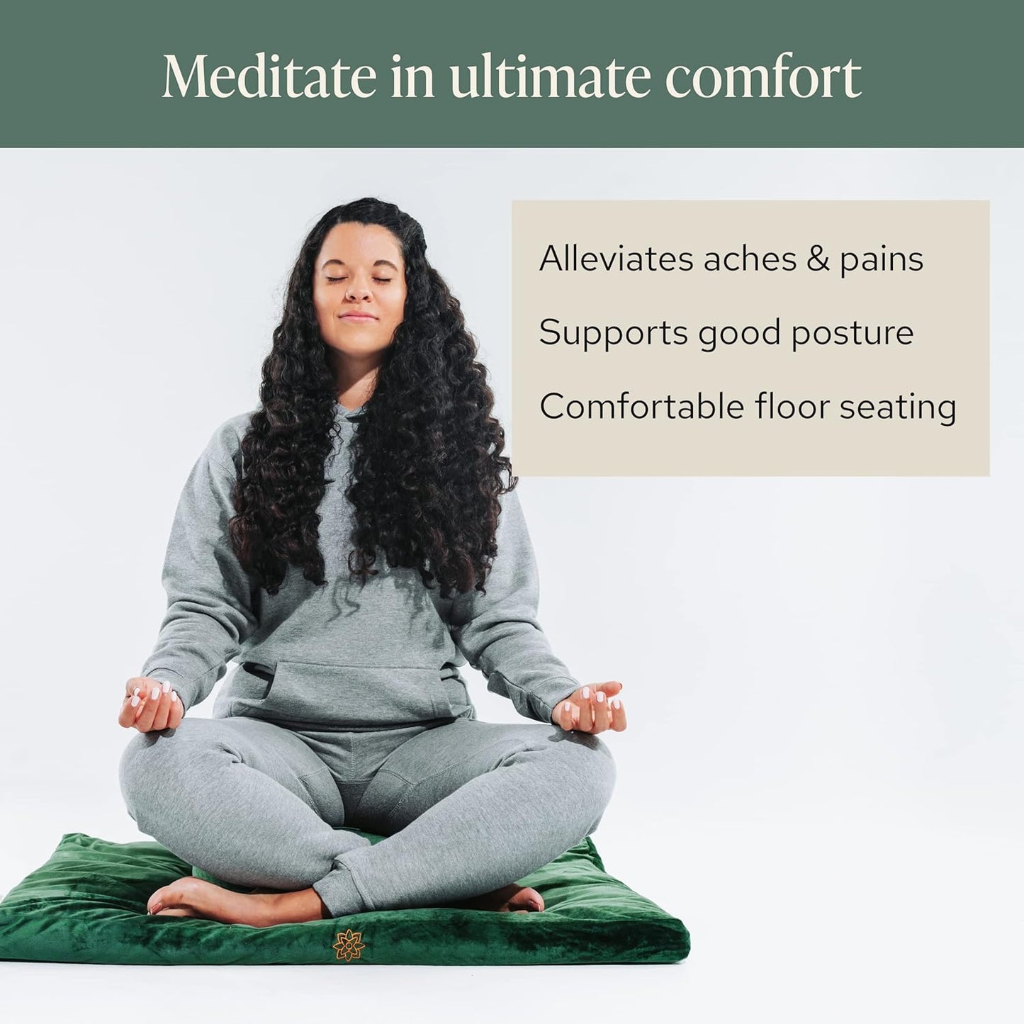 Velvet Zabuton Meditation Mat - Luxurious Meditation Cushion Pillow with 100% Cotton Filling - Enjoy Better Posture and Greater Comfort for Zafu or Bench (Emerald Green)