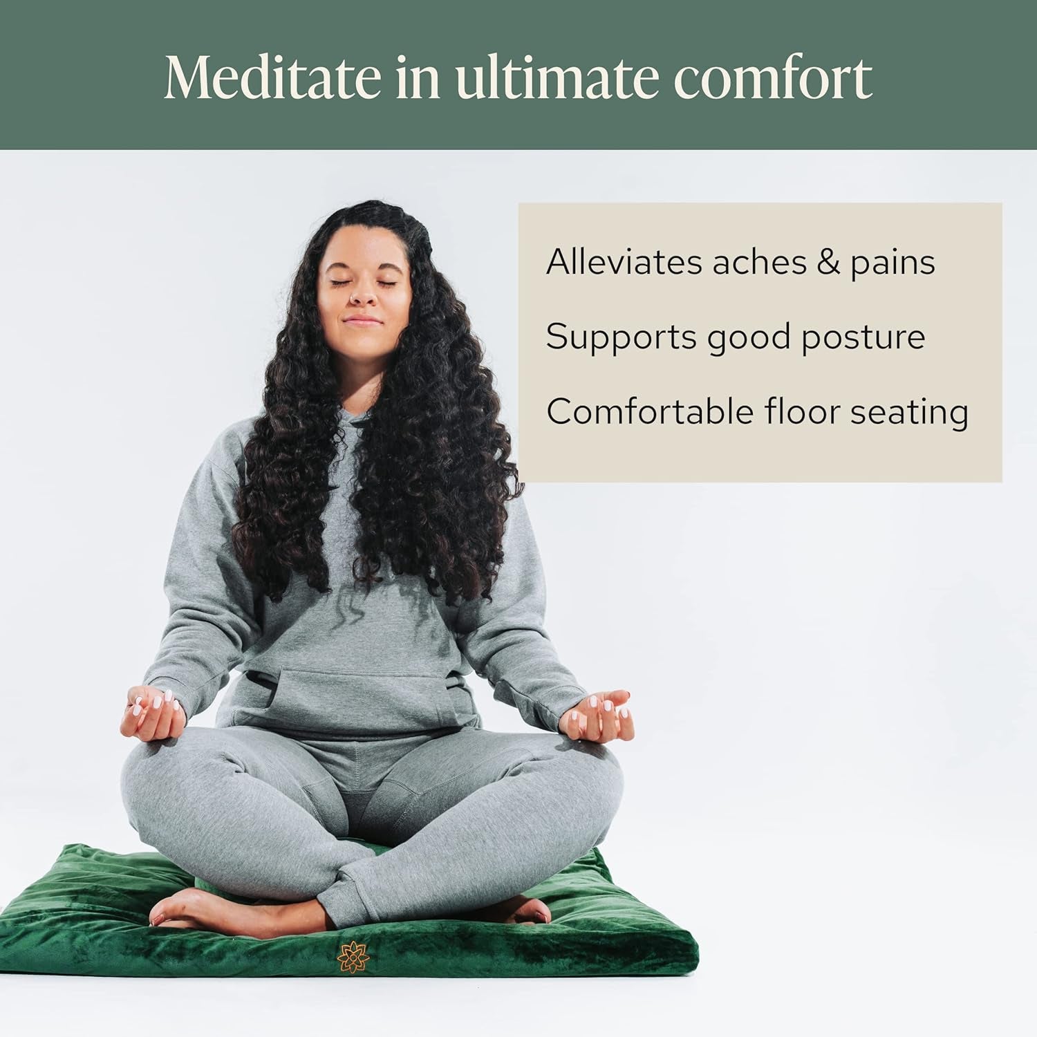Velvet Zabuton Meditation Mat - Luxurious Meditation Cushion Pillow with 100% Cotton Filling - Enjoy Better Posture and Greater Comfort for Zafu or Bench (Emerald Green)