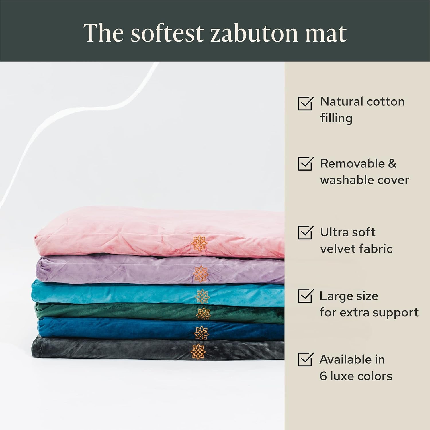 Velvet Zabuton Meditation Mat - Luxurious Meditation Cushion Pillow with 100% Cotton Filling - Enjoy Better Posture and Greater Comfort for Zafu or Bench (Emerald Green)